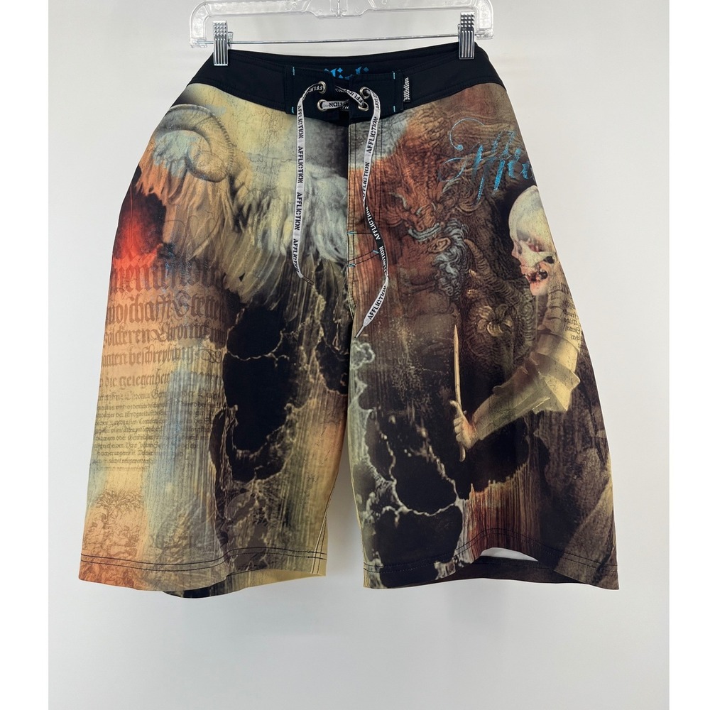 Affliction Y2K Board Shorts Mens 42 Multicolor Skull Graphic Gothic Swim Trunks